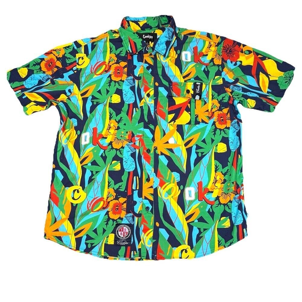 Cookies SF Men's Large Tropical Weed Leaf Button Up Shirt Multicolor Cotton